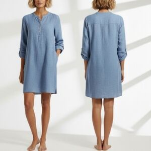 100% Linen Garnet Hill Dress Size 4 Blue Long Sleeve Boxy